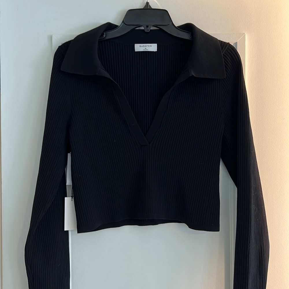 Babaton Black Ribbed Long-Sleeve Crop Top